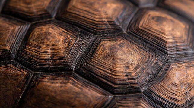 Extreme close-up of a tortoise shell displaying intricate patterns and textures in natural lighting