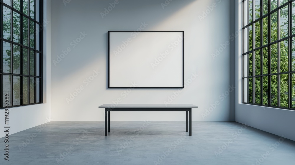 Poster Modern minimalist office setup with empty table and presentation screen