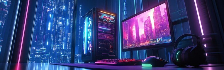 A modern home office setup with dual monitors and RGB lighting. Suitable for themes of productivity, tech-savvy workspaces, and creative environments.