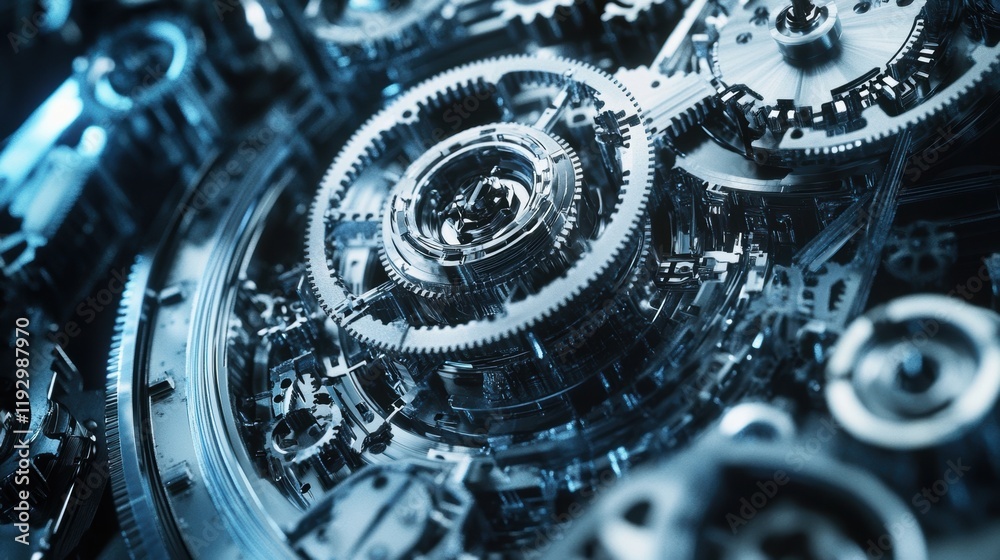 Poster intricate clockwork gears are meshing together, rotating smoothly and generating power in a complex 