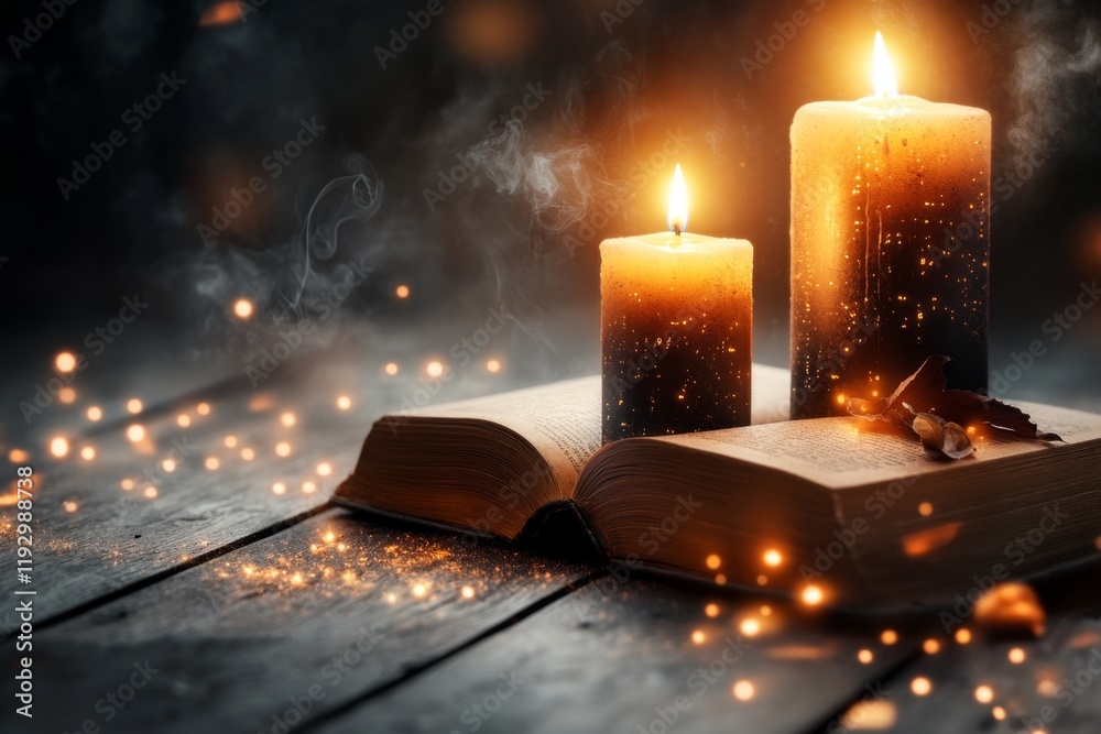 Poster a dark depiction of uv light exposing hidden glowing text in a dusty old book, with candles casting 
