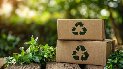 Eco friendly boxes with recycling symbols, surrounded by greenery, promote sustainability and environmental awareness. Perfect for eco conscious consumers