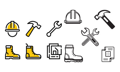 Construction Tools and Safety Equipment Icon Set
