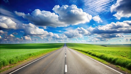 Fototapeta premium Asphalt road disappearing into a vibrant green field under a picturesque sky with fluffy clouds