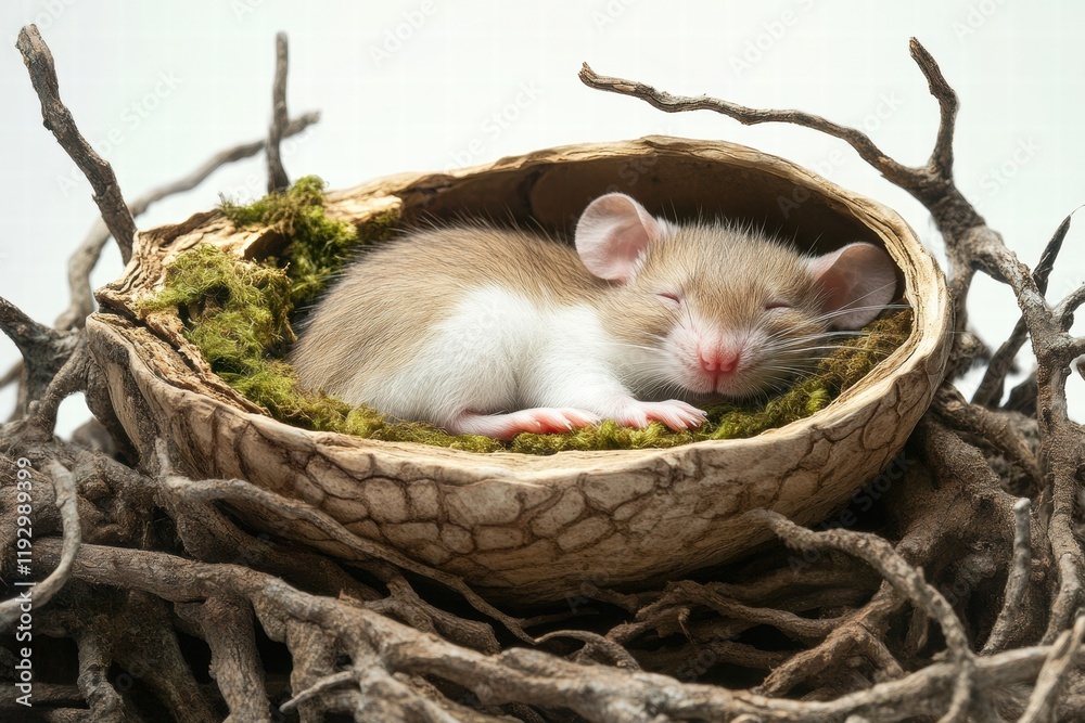 Poster cute mouse sleeping peacefully in a nest made of natural materials with moss and twigs. generative a