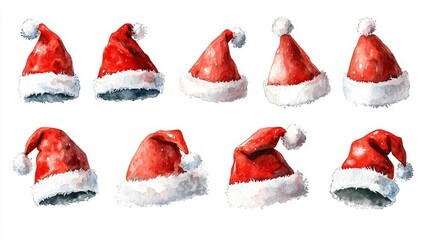 Festive Santa Hats Watercolor Collection. Generative AI