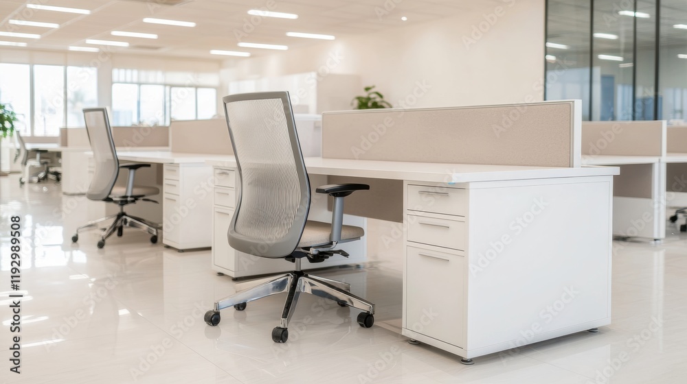 Poster modern office workstation with ergonomic chair and partition in open space office