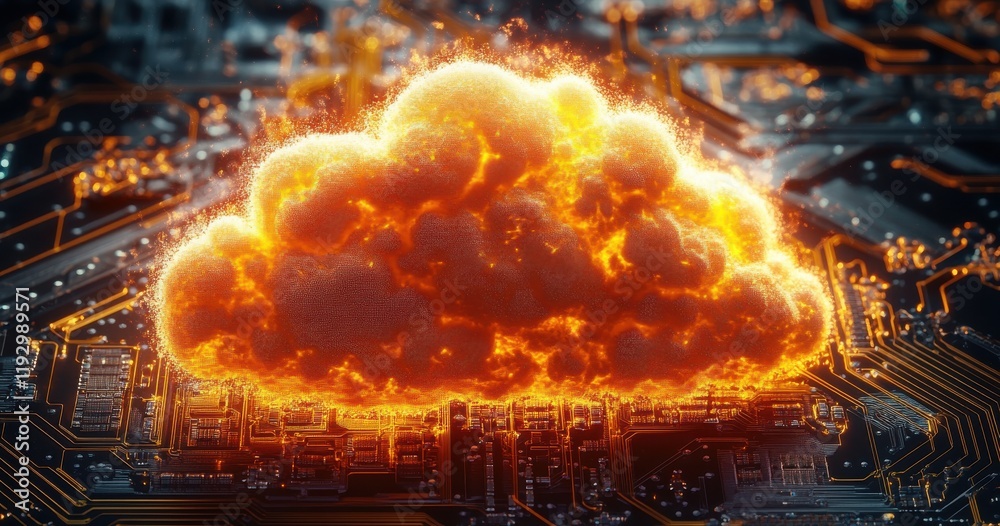 Poster explosive cloud computing concept illustrating data storage and processing with fiery cloud above el
