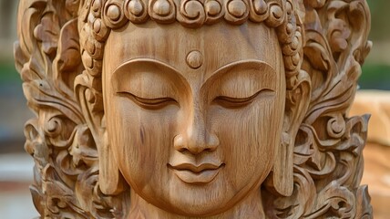 Fototapeta premium Meticulously Carved Wooden Buddha Head with Smooth Teak Finish Exuding Spiritual Serenity