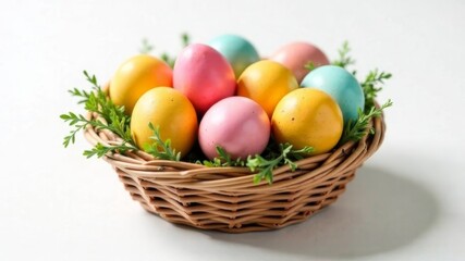 wicker basket without handle with easter colored eggs on white background
