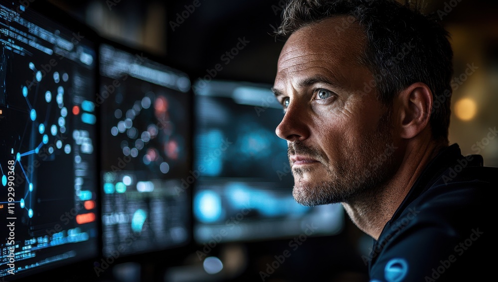 Aufkleber focused male analyst working with multiple computer screens in a dark environment, analyzing data an