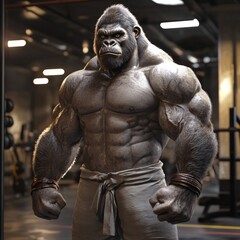 Fototapeta premium Imposing Gorilla Gymnast: A Powerful 3D Render of a Muscular Gorilla in a Gym Setting