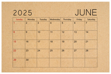 Brown paper calendar for June 2025 isolated on white background.