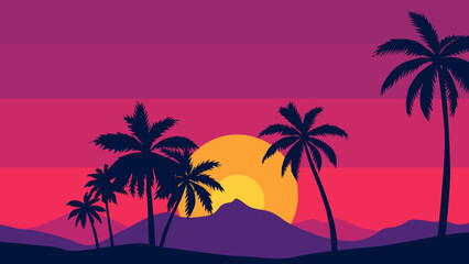 Beautiful summer background, banner with sunset under mountains and palm tree silhouettes. Colorful flat vector illustration