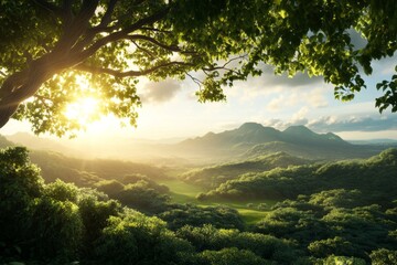 Obraz premium A detailed 3D illustration of the Uxmal pyramid surrounded by lush jungle, with sunlight breaking through the canopy above