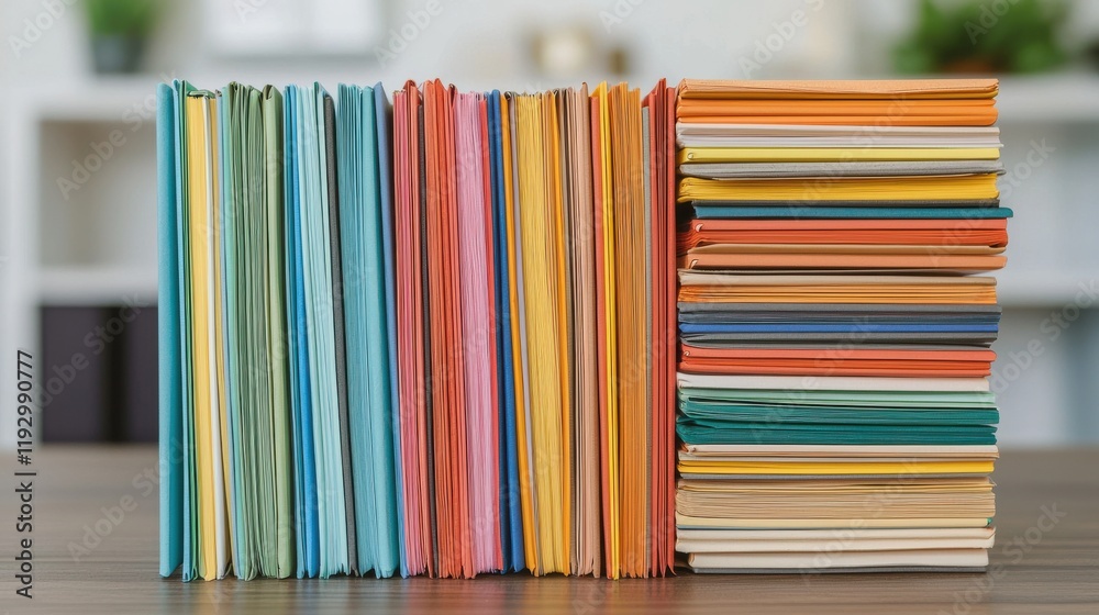 Poster Colorful files arranged on a wooden table creating an efficient workspace