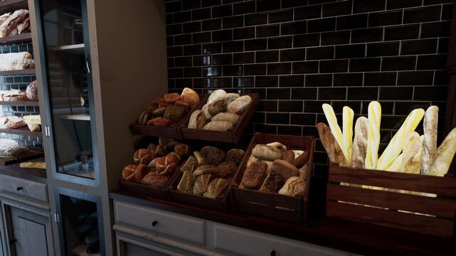 A busy bakery filled with various types of bread lining the store shelves.