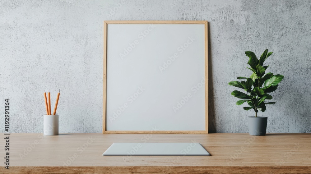 Aufkleber empty frame with tablet and plant on wooden table in modern office