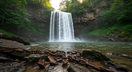 Majestic waterfall cascading over mossy rocks. Lush green forest surrounds tranquil river.