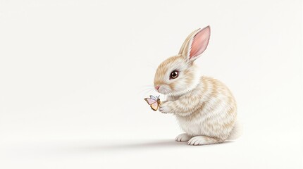 Obraz premium A little rabbit holding a butterfly in its paws , cute, cuddle, rabbit, hug, butterfly
