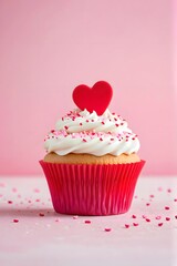 A cute Valentine's cupcake with a heart sugar icing on pastel background with copy space