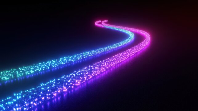 Two Glowing Neon Paths in Blue and Pink on a Black Surface, Curved in Parallel