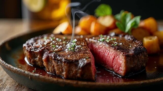 Filete de res a la parrilla con t&eacute;rmino medio y guarnici&oacute;n de papas