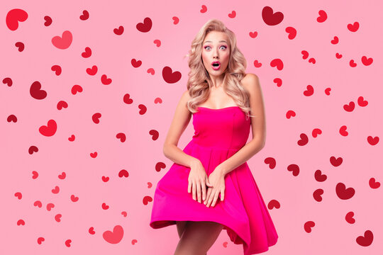 Portrait of nice impressed person open mouth wind blow raise dress open legs isolated on pink color background