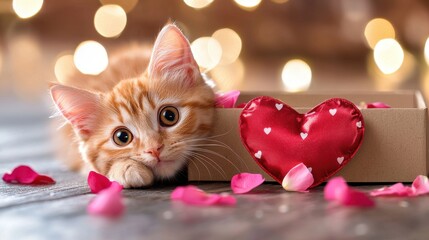 Valentine's day orange cat playfully peeking from heart-shaped box