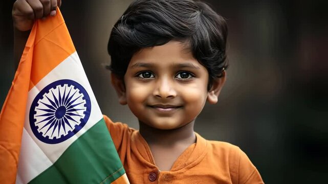 A young boy holds the Indian flag with pride and smiles warmly. This video captures the essence of patriotism and joy, making it perfect for Indian Independence Day celebrations.
