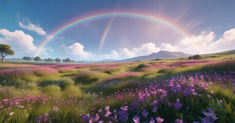A lush green meadow filled with tall purple and pink flowers swaying gently in the breeze under a clear blue sky with a stunning rainbow, garden, landscape