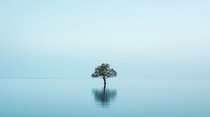Solitary tree reflected in calm, misty water.