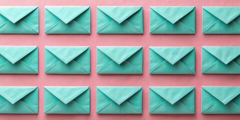 Pastel Green Envelopes Arranged in a Neat Grid Pattern on a Pink Background