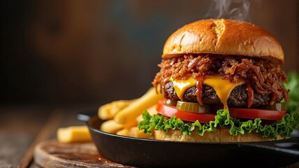 Double patty burger with melted cheese and barbecue sauce served on a cast iron skillet. Perfect for pub menus, rustic-themed food campaigns, and editorial posters.