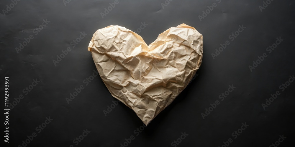Poster a crumpled paper heart shape on a dark background, representing fragility and the passage of time