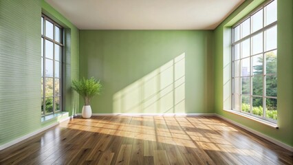 Sunlight streams into a bright, empty room with green walls and hardwood floors