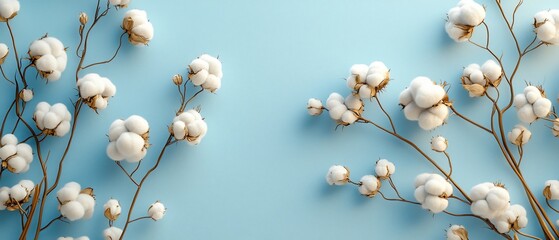 Fluffy cotton blossoms on blue. Soft textile background