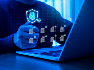 Biometrics fingerprint, thumb scan access control by businessman with safety shield icon, and...