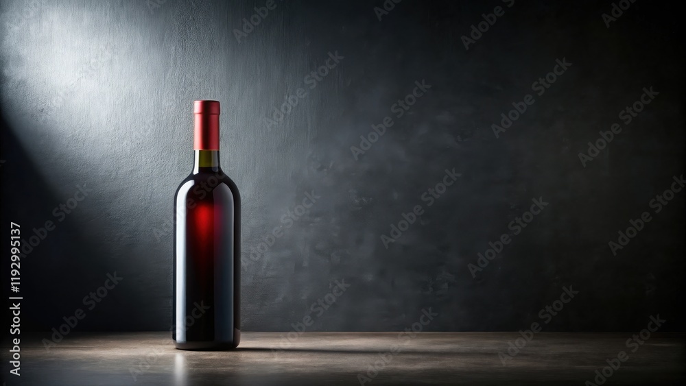 Poster a single bottle of red wine rests on a dark surface against a textured backdrop.