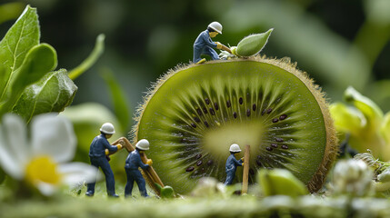 Miniaturwelt von G&auml;rtnern Landwirtschaft von Kiwi Ernte gro&szlig;e Kiwi Nahaufnahme mit kleinen Menschen Generative AI