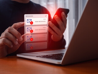 SMS scam or fake text message phishing concept. System hacked warning alert, email hack, scam...