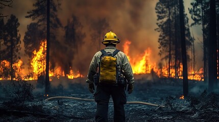 Naklejka premium A firefighter stands in front of a raging forest fire, with flames and trees burning in the background.
