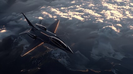 Naklejka premium Eleganter schwarzer Privatjet gleitet majestätisch über einer weißen Wolkendecke. Luxuriöse Luftaufnahme symbolisiert exklusives Reisen und Status