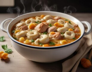 A bowl of steaming hot capon broth with floating cappelletti , brodo di cappone, food warming