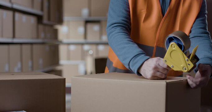 Warehouse worker sealing a box with tape