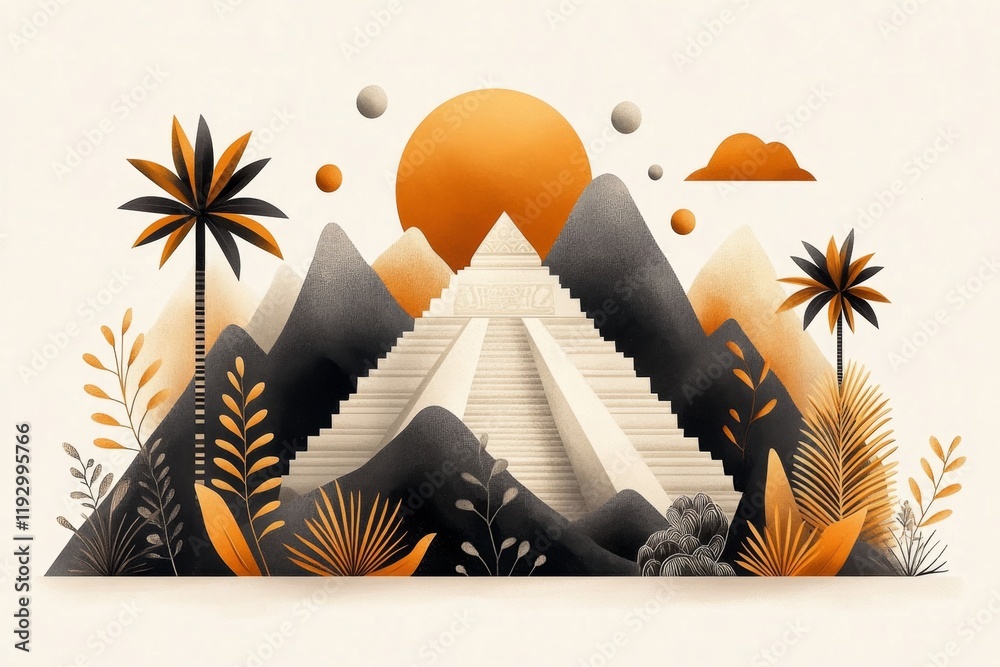 Poster a flat design of the pyramid framed by stylized palm trees and mayan symbols, drawn with bold colors