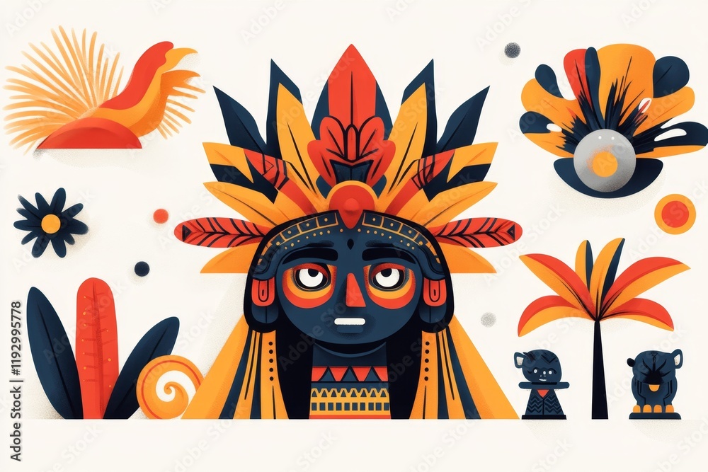 Poster A flat design of the pyramid framed by stylized palm trees and Mayan symbols, drawn with bold colors and sharp edges on a white canvas