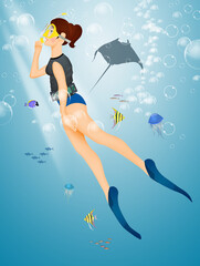 illustration of girl does snorkeling
