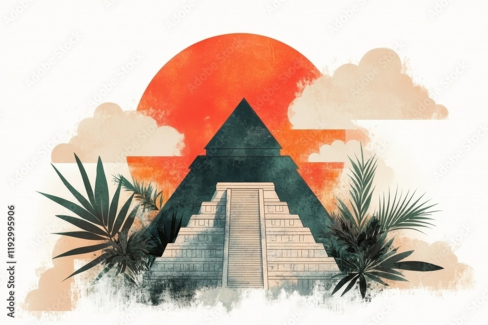 Poster A flat design of the pyramid with Aztec and Mayan elements harmoniously integrated, surrounded by stylized clouds and jungle foliage on a white canvas
