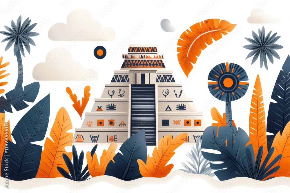 Poster A flat design of the pyramid with Aztec and Mayan elements harmoniously integrated, surrounded by stylized clouds and jungle foliage on a white canvas